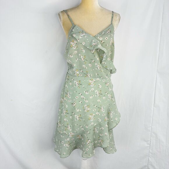 ROMWE Wrap Dress  Green Floral Size 14 - US Size Summer Dress - Picture 1 of 16